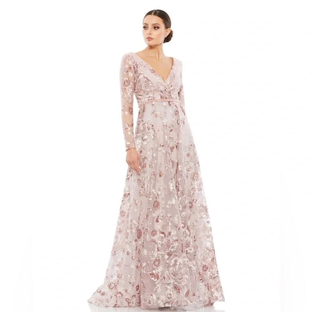 Mac Duggal 67869 NWT EMBELLISHED V NECK ILLUSION LONG SLEEVE A LINE GOWN - Picture 2 of 10